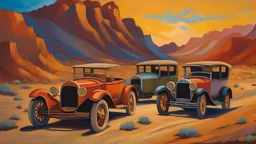 1920s cars with drivers across a barren landscape with howling wind storms abstract sinister in oils comically ascending Dusty sand trails neo-impressionism expressionist style oil painting, smooth post-impressionist impasto acrylic painting, thick layers of colourful textured paint Desert ghost town neo-impressionism expressionist style oil painting, smooth post-impressionist impasto acrylic painting, thick layers of colourful textured paint