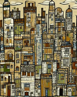 A tan city with tall buildings and a nuclear plant painted by Jean Dubuffet