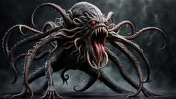 looking to camera a aggressive fantasy monster with many tentacles, dynamic pose, scary creature without face and without eyes, with big mouth, full length, full body without legs, very detailed, intricate insanely, Hyperrealism, photorealistic, natural volumetric light, dark fantasy style, photo style