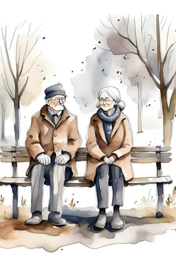 Hand drawn watercolor and ink illustration of an old couple sitting on a park bench during winter season