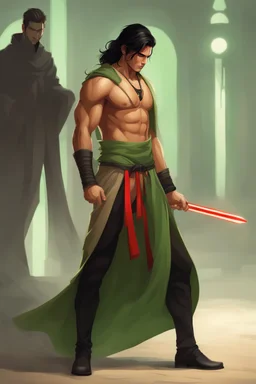 Full Body, Male Tan Human, Muscluar Body, Sith, Red Blindfold, Green and Black Robes, Handsome face, Black hair.