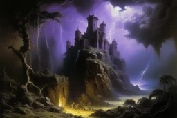 A violet castle in a thunderstorm near an acid pool designed in Javanese shadow puppets painted by Francis Danby