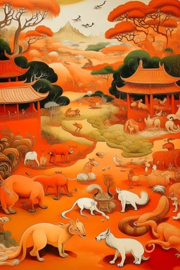 A tannish orange colored arena grounds with animals painted by Cai Jia