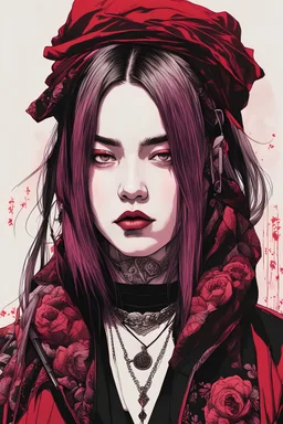 Billie Eilish as a goth punk vampire huge girl, illustration by Yoji Shinkawa and Katsushika Hokusai, finely detailed facial features, finely drawn and inked, 4k, symmetric, hyperdetailed , dark plum and red wine tones