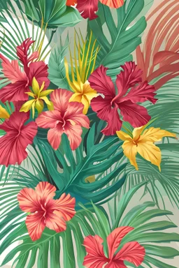 Create Lush botanicals in a hand-painted style, featuring a mix of tropical and traditional flowers. Imagine a riot of colors, with large palm leaves, hibiscus, and orchids intertwined on mdf panel in a room