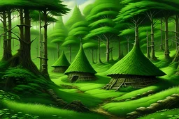 A green forest with elven huts painted by Frank Wilson