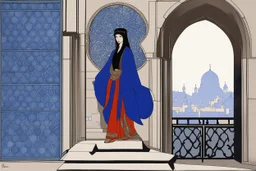 an open gothic_Arab gate in a blue-tiled wall with a view of an old city by artist "Beardsley",by artist "Rackham",by artist "Bertha Lum",by artist "Dulac",by artist "Erte"