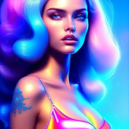 portrait in oil of busty beautiful Blackhaired woman, purpurin, minimal skintight latex dress, gradient color, BLUE, PINK, CYAN, neon, insanely detailed, 16k resolution, perfect eyes, cinematic smooth, intricate detail, in the style of Kaare Andrews