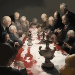 Putin, President Xi Of China And Joe Biden Play Chess With Atomic Bomb Mushroom Cloud,Complex Surgical Instruments Intermixed With A Newborn Boy,Minimalism,Painting By Adrian Ghenie,Rene Magritte,Pablo Picasso,Michelangelo,Salvador Dali,Lucian Freud