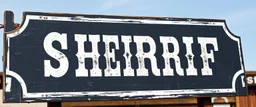 fill composition with large and wide hand painted old western sign that reads: "SHERRIF" white on black with inset white stripe aged paint
