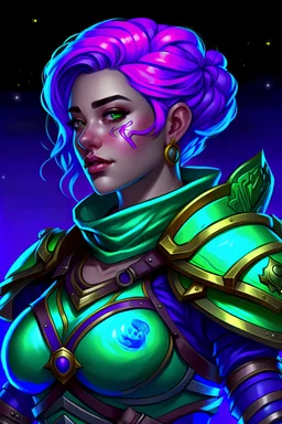 Female half air genasi half plasmoid from dungeons and dragons, Waist up in moonlight, southeast Asian, skintone like meghan markle, bicep length wind like hair, purple hair, Tough Traveler vibes, Scale hide armor, No Metal, dark green and light blue armor, Purple armor accents, deep green eyes, realistic, digital art, high resolution