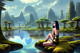 A skinny woman with a Cleopatra hairstyle, short skirt, and knee-high boots, looking out over a lake, in an alien forest, with tall cloud trees, flying mushrooms with octopus tentacles