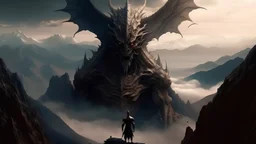 A half-demon, half-angel with dragon head sits in the middle of a mountain range against the backdrop of an earthquake disaster, its face solemn, futuristic, detailed, real engine, ultra high definition