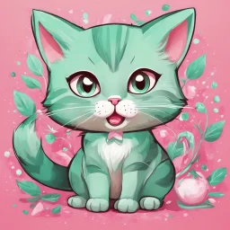 A captivating and playful digital art piece showcasing the adorable charm of a mint-colored cartoon cat, surrounded by a lively pink background, (captivating digital art:1.4), (playful cartoon cat:1.5), (lively pink background:1.3), (expressive mint hues:1.2), drawing inspiration from the styles of cute and playful illustrators, trending on CGSociety, Intricate, Sharp focus, dynamic lighting, (captivating:1.4), (playful ambiance:1.5), (lush fur details:1.3), Cartoon, Masterful, High Detail