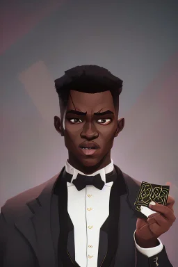 Dashing black man in a suit, holding a deck of cards.