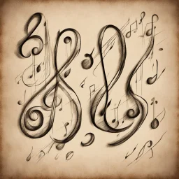 Hyper Realistic sketch-type musical notes drawn on a vintage paper with vignette effect