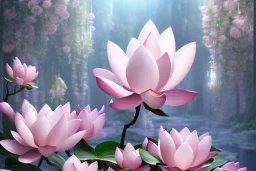 a magical crystal flower lotus magnolia lys bougainvillier, blue gold house russian palace castle in the woods, magnolias pink,blue lake,sun,white swanns,pink vertical, blue lake,sharp, vines, candlelit, endor, ornate, elegant, highly detailed, artstation, concept art, smooth, sharp focus, illustration, 8k, splash art, wallpaper, key visual