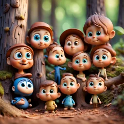 little Cute Figures lives in the Wood, with cute faces, pixar, disney style