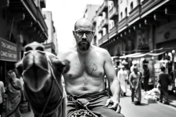 man looking like "Walter White" in breaking bad tv show, bald and goatee glasses, with bare chest riding on a camel in a alley Casablanca town, panorama, black and white photo, lot of markets and people in background