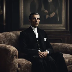 Hyper Realistic Quaid E Azam Sitting on a Velvet Sofa Wearing Black Sherwani Smoking Cigar in a Dark Room