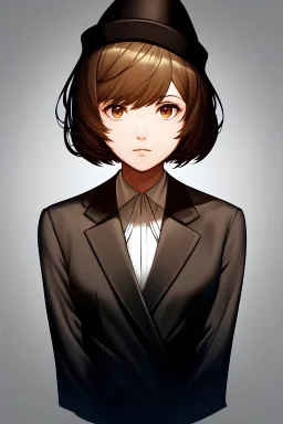[[extreme stunning photorealistic anime girl Oppenheimer J. Robert]] :: [[photorealistic brown eyes, brown short hair, head and shoulders portrait, grey background colors, neutral expression, wearing black and grey business suit, mobster hat, 8k resolution photorealistic portrait by Yoshiyuki Sadamoto, Kentaro Miura, Naoki Urasawa, lighting, hyperdetailed, intricately detailed]]