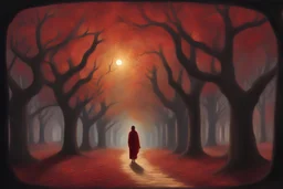 "In the dimming glow of evening, under a sky painted in gold and crimson, a lone figure walks on a path lined with ancient trees whispering secrets. The ground is a carpet of colorful, crisp leaves. As night falls, the stars weave a quilt of light, and the figure, bathed in moonlight, is unaware of the shadowy presence that follows, born from the night’s deepest fears. This scene, where the quiet of dusk reveals truths hidden by day, captures the essence of confronting oneself in the serene yet