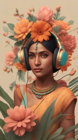 3D illustration of indian woman with headphones on and a background with flowers, illustration, smooth 3d digital art, exquisite thee-dimensional rendering, 4K, blender, c4d, octane render , disney style 3d light, Zbrush sculpt, concept art, Zbrush high detail, pinterest Creature Zbrush HD sculpt, neutral lighting, 8k detail