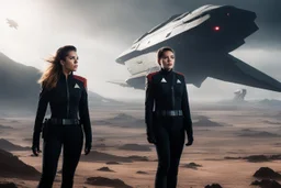 female starfleet cadet torned jacket uniform horrified by a monster in a desolate landscape beside a starship.