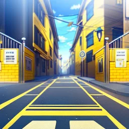 yellow brick road, road signs, arrows, direction, anime girl walking, detail on the girl