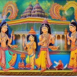 spiritual consciousness of Indian temple architecture in miniatur painting style surrounded by mystical creatures performing water ritual