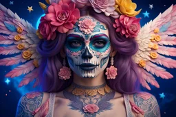 beautifull girl sugarskull,whit tattoo, pretty eyes, big wings, photography, soft light, volumetric lighting, ultra-detailed photography, blue background, Perfect anatomy, super high resolution + UHD + HDR + highly detailed, hyperrealistic, dynamic lighting, RED METALIC and YELLOW PINK colors, STARS BACK AND MOON, FLOWERS PURPLE ARROUND, aztec queen.