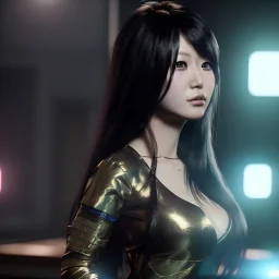 hitomi tanaka, long black hair, realistic, intriacte detail, sci-fi fantasy style, volumetric lighting, particales,highly detailed,cinamatic, deep colours,8k