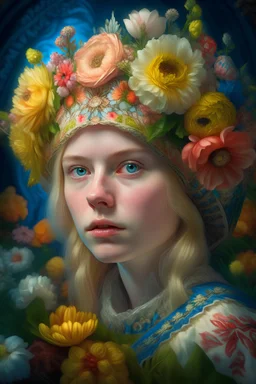 young women with blonde hair in modern Russian kokoshnik, every detail of which is made entirely of pastel flowers, a highly detailed face,hyper realistic photograph of a girl, anatomically correct, dramatic lighting, soft details, HDR, 4k, 8k, HD