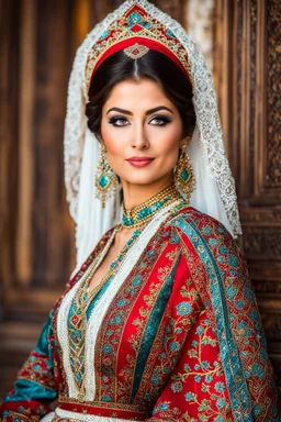 very beautiful lady in azerbaijani costum standing