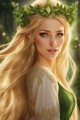 Green eyes, Very long hair. Rapunzel,beautiful ,flawless,long blonde hair,fairy crown, elven crown,sparkle,lily of the valleys,elven ears,pointed ears