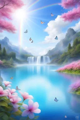 fantastic,Beautiful garden, flowers,rainbows, cascades arc en ciel, papillons colorés