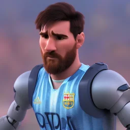 portrait,lionel messi robot, wearing argentina, post-apocalyptic in a football stadium, realistic, intriacte detail, sci-fi fantasy style, volumetric lighting, particales,highly detailed,cinamatic, deep colours,8k