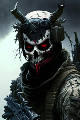 A soldier in the game modern warfare, he wears a skull mask with horns that covers his eyes. The lower half of his face is covered by a mask with a bloody fanged grin. He is a sniper, but can also run point. His call sign is Wraith. Couple