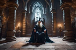 Interior of castle, wizard sits on throne