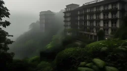 Generate an image of shrouded in mist and surrounded by lush greenery, emphasizing the natural beauty that contrasts with the hotel's dark history