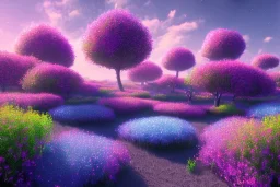 monde en fleurs bleu pink fuksia, concept art, crépuscule , trees bleu pink violet oranger, vibrant Color, réaliste