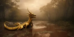 2 golden statue giant dragon, abandoned airplane on tracks overgrown by nature with large puddles of water flooding part of tracks, rain, fog, 8k resolution, high-quality, fine-detail, intricate, digital art, volumetric lighting, illustration, 3D octane render