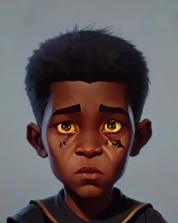 Portrait of a gorgeous black skinned toddler warlock boy with dark hair by Jim Kay