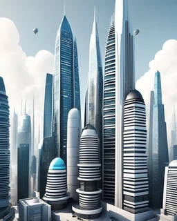 3D modern futuristic skyscrapers in cartoon Pixar style on white background, png, high resolution, highly detailed texture.