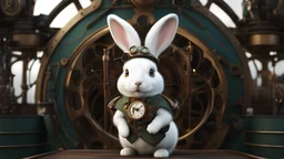 High-end state-of-the-art STEAMPUNK aesthetics flawless smiling cute white rabbit explorer, supreme cinematic-quality photography, sage green blue and honey brown pure wool clothes, Art Nouveau-visuals,Vintage style with Octane Render 3D technology,hyperrealism photography, (UHD) with high-quality cinematic character render,Insanely detailed close-ups capturing beautiful complexity,Hyperdetailed,Intricate,8K,Hyperrealism craftwork