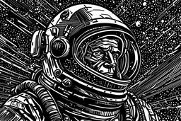 onboard surveillance satellite in earth's outer orbit. mutant psychic astronaut double agent. contemporary depiction in style of international best selling graphic novel/comicbook. stylized line drawings in keeping with archival antiquity monastic tradition of acid etched metal plates & fine art printmaking. high contrast black & white images.