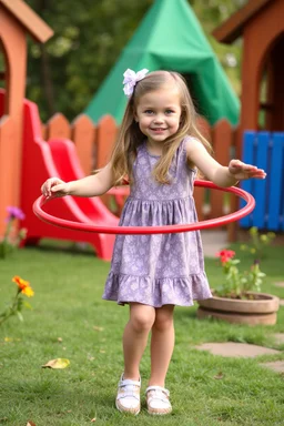 a pretty 7 years old girl with blue eyes and nice dress and shoes play hula hoop in children play garden