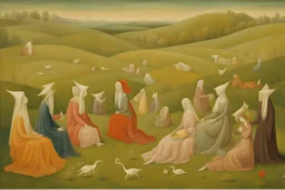 a group of people relaxing in a meadow by artist "Leonora Carrington",by artist "Richard Dadd", highly detailed