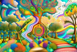 Psychedelic hassidic style artwork of a Path to heaven with a tree in the center, with bright and blue colors in a childish style