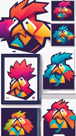 Design a vibrant, gaming-influenced logo of a chicken, featuring bright colors and a dynamic lighting scheme. Incorporate abstract shapes and textures to create an eye-catching composition.